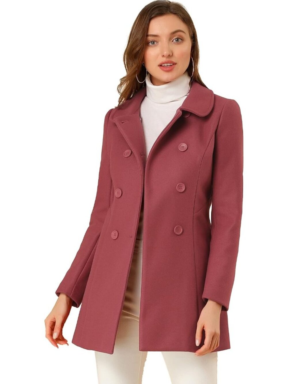 Women's Dark Pink Fully lined Peter Pan Collar Double Breasted Trench Pea Coat